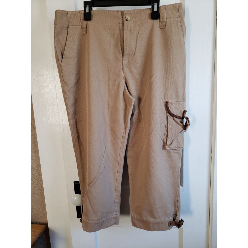 Vtg Lauren Ralph‎ Lauren womens sz 12 brown Khaki capri pants cargo Leather Tabs
